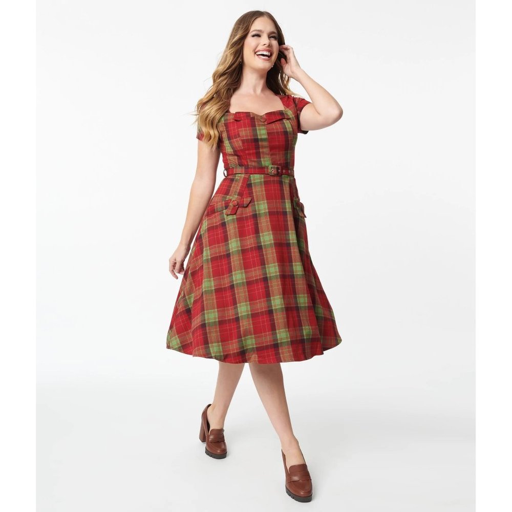 NWT!! Unique Vintage: Voodoo Vixen Red & Green Plaid Swing Dress